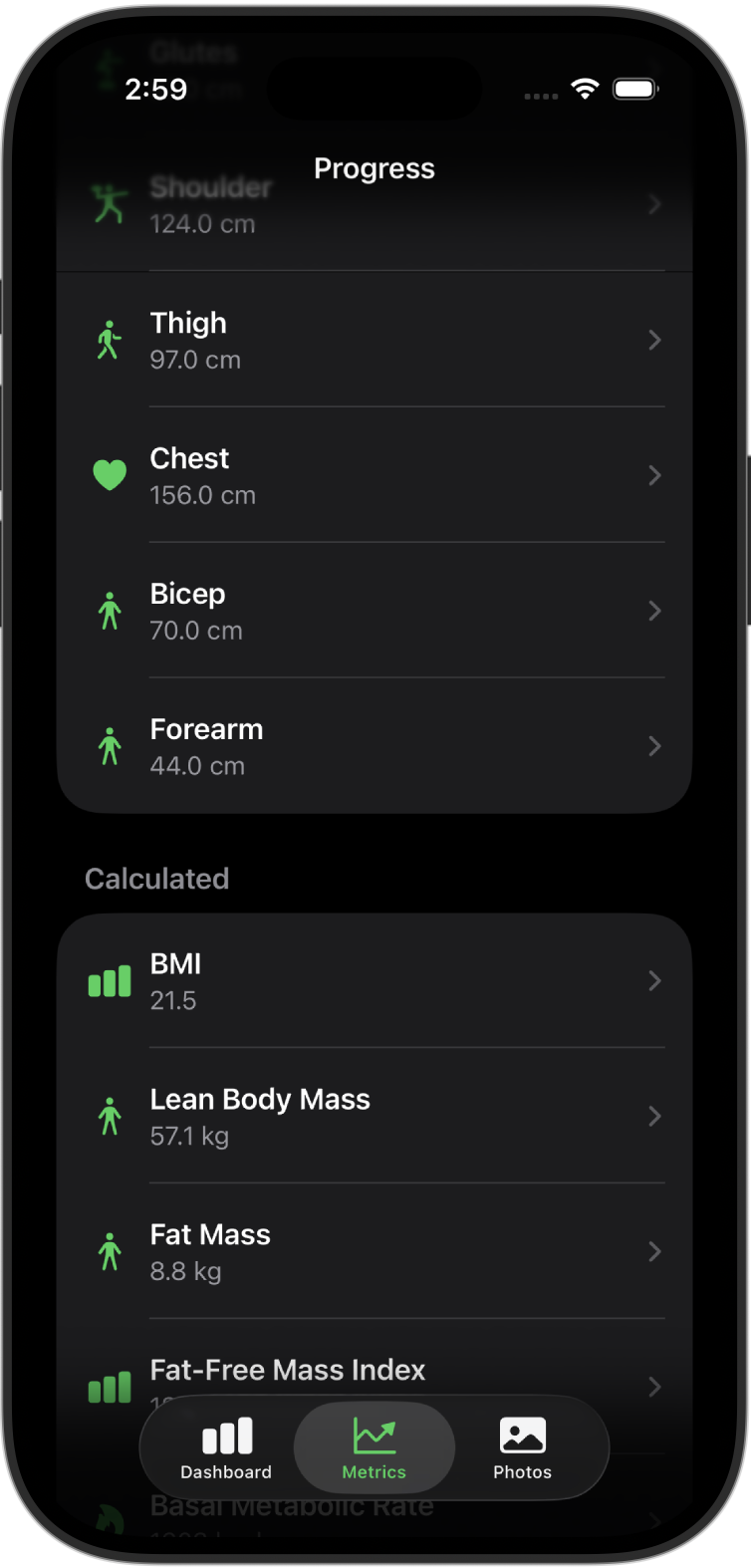 Interactive charts and analytics for fitness progress