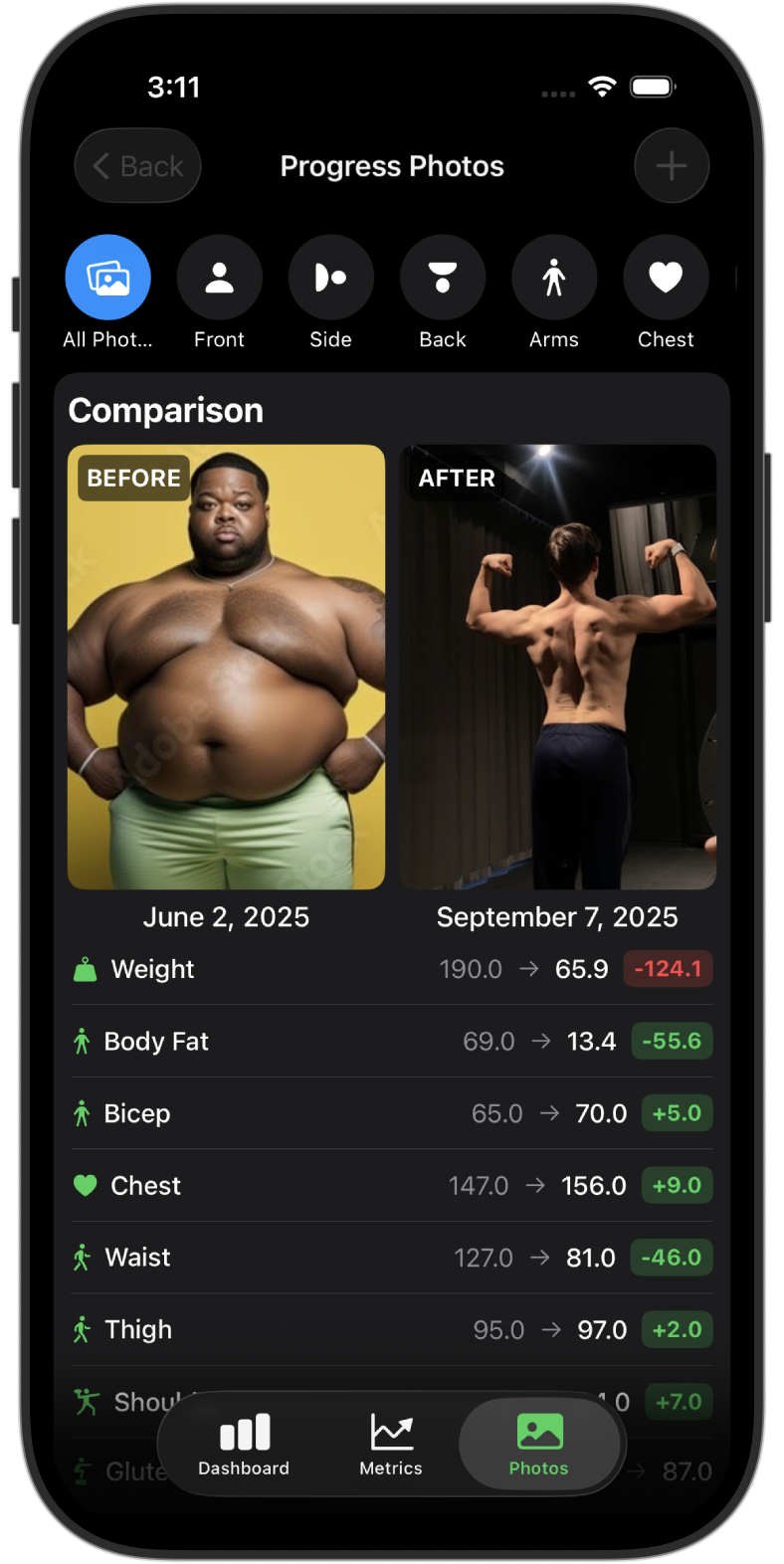 Progress photos with before and after comparisons